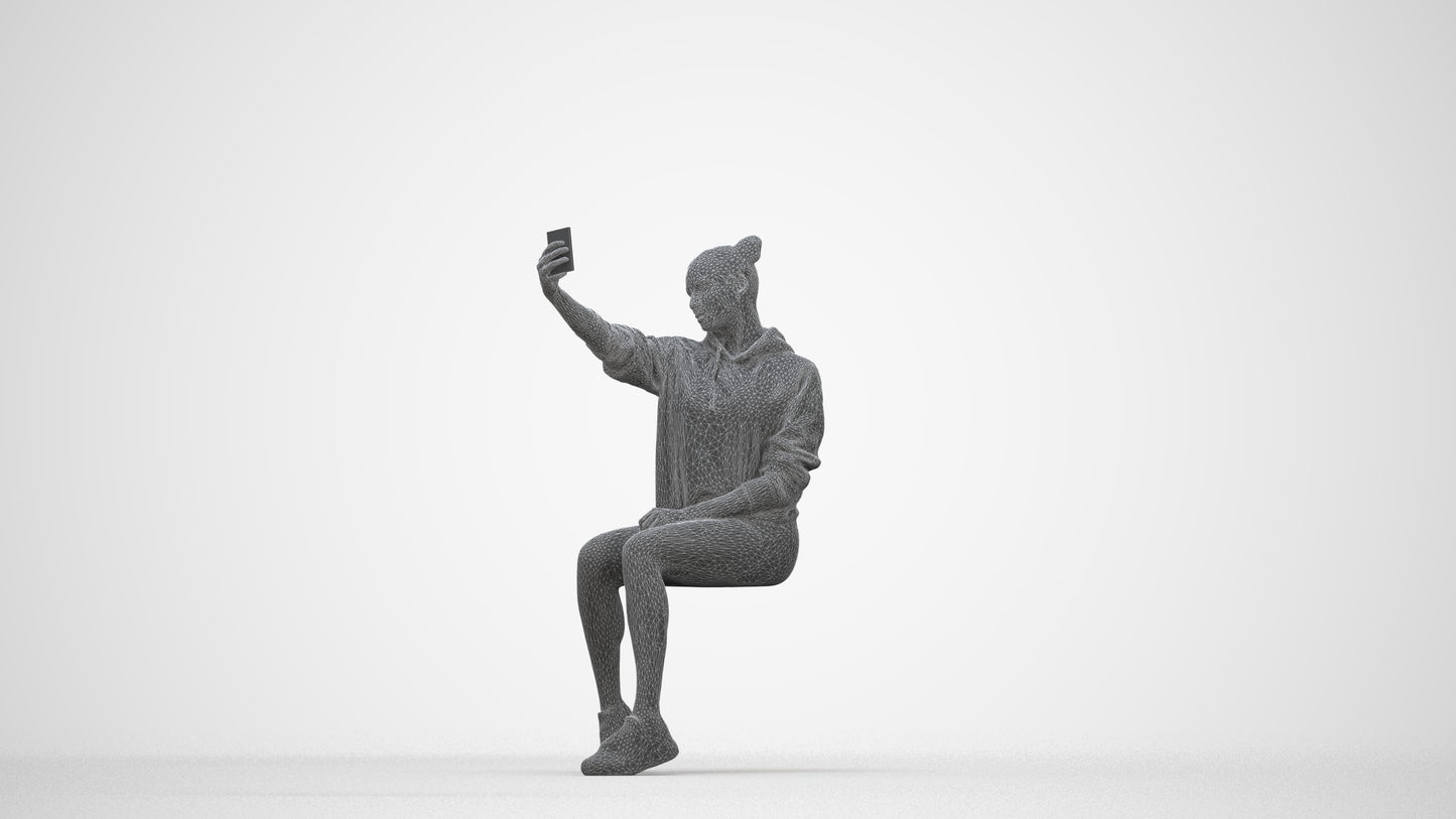 scanned 3D woman casual sitting, photogrammetry people for Enscape and V-Ray, wireframe back view