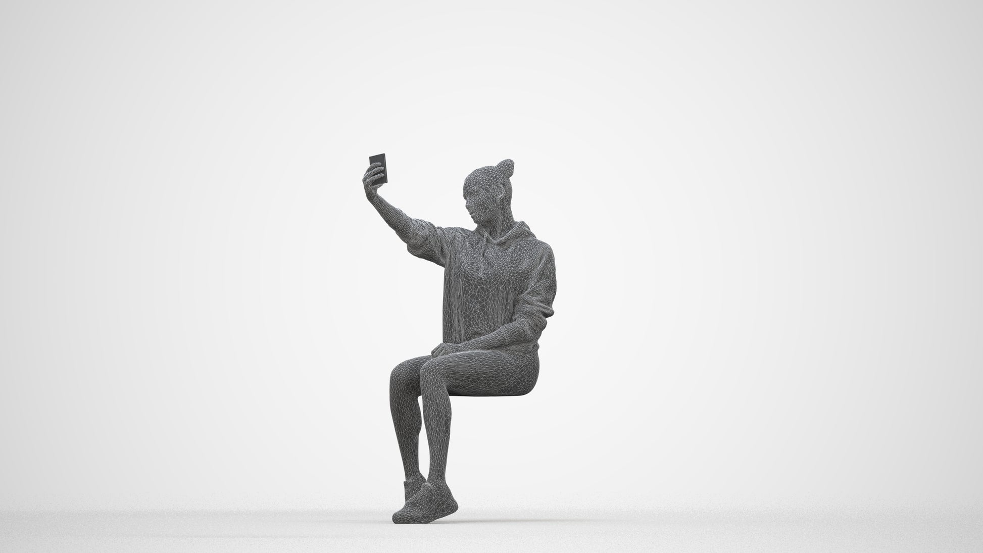 scanned 3D woman casual sitting, photogrammetry people for Enscape and V-Ray, wireframe back view