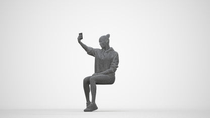 scanned 3D woman casual sitting, photogrammetry people for Enscape and V-Ray, wireframe back view