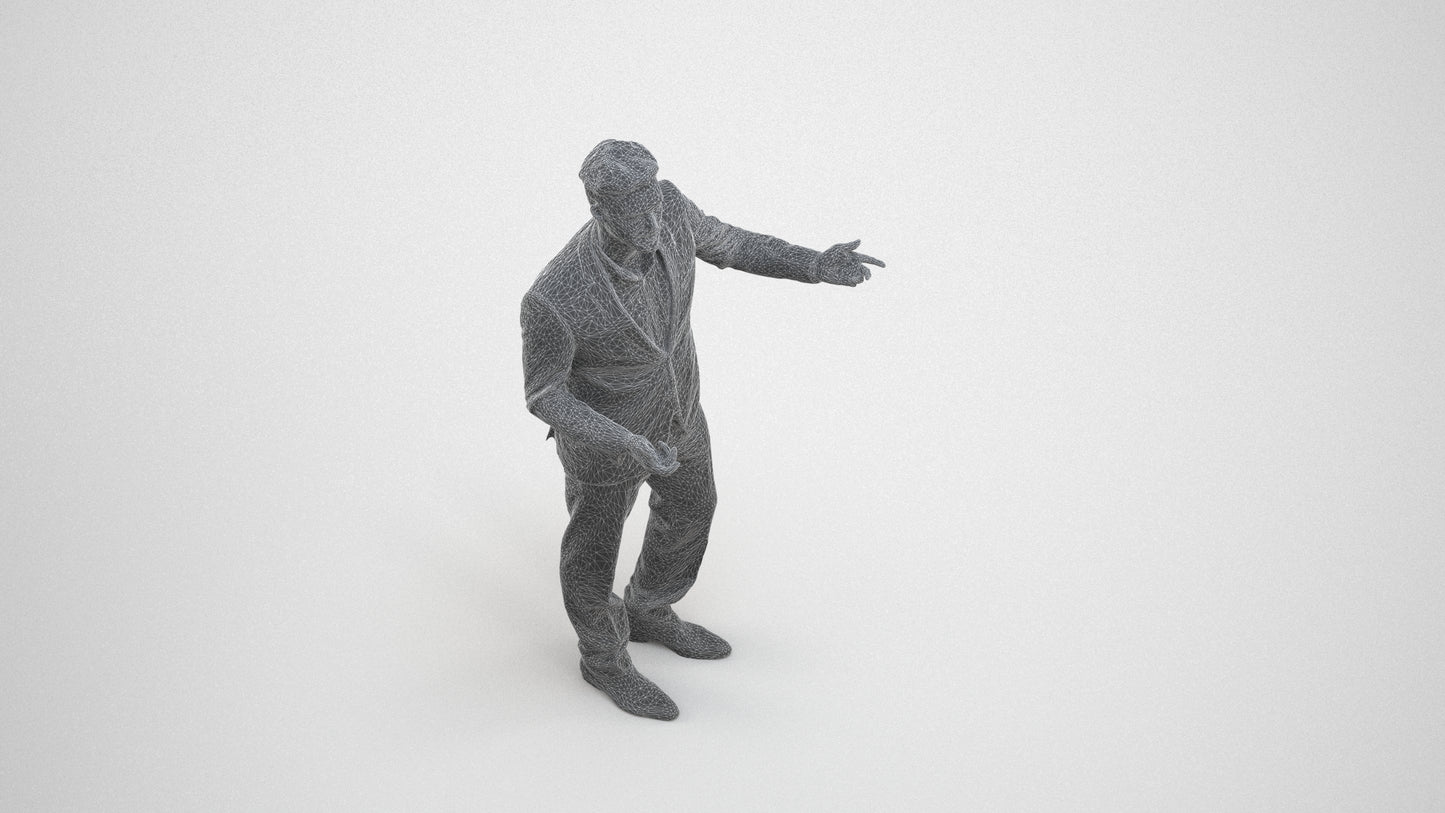3D human model man business, photogrammetry scanned person for archviz, wireframe three-quarter view