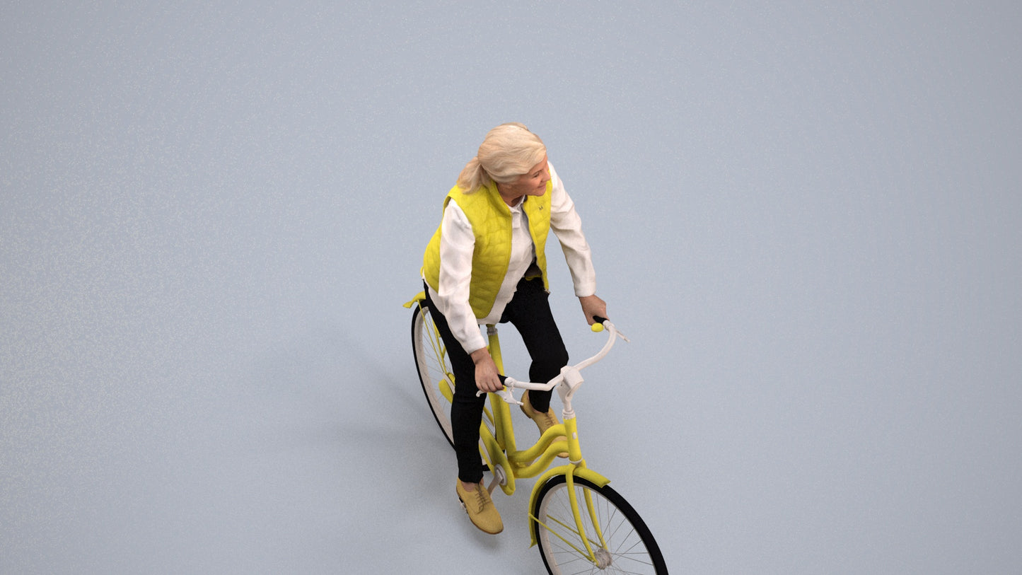 3D human model senior woman casual cycling, photogrammetry scanned person for archviz, back view render
