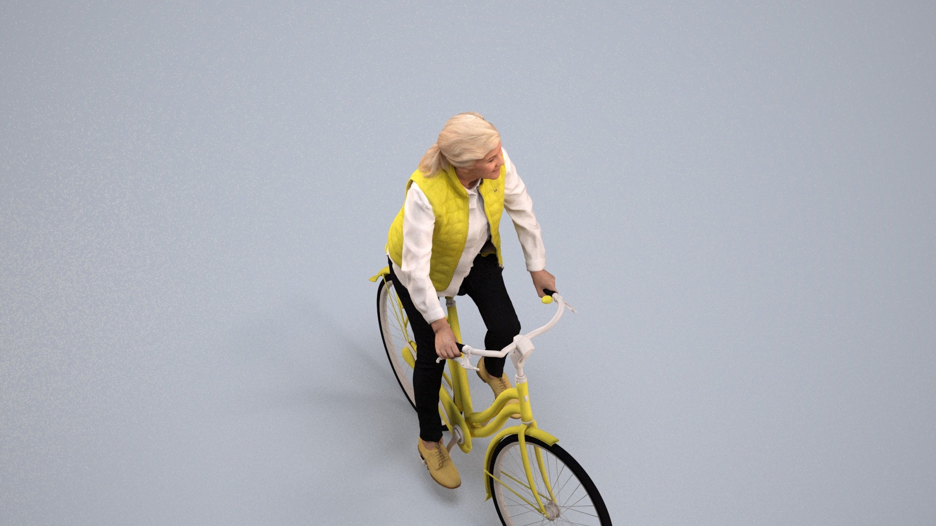3D human model senior woman casual cycling, photogrammetry scanned person for archviz, back view render