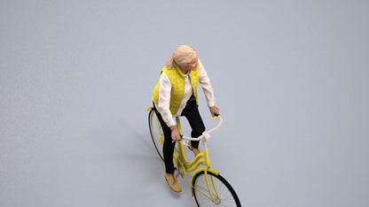 3D human model senior woman casual cycling, photogrammetry scanned person for archviz, back view render