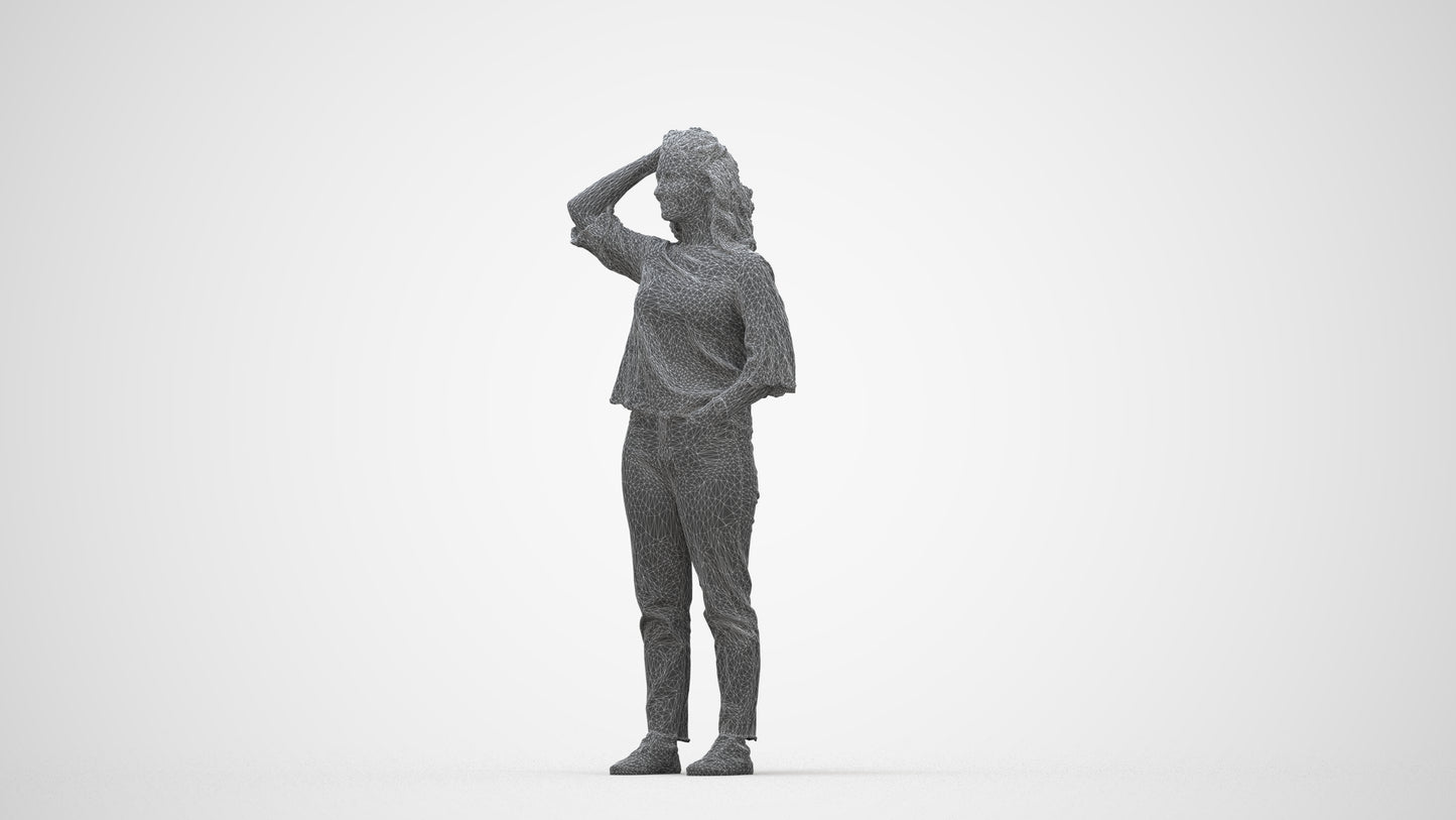 photogrammetry 3D woman casual standing, realistic human model archviz FBX, wireframe back view