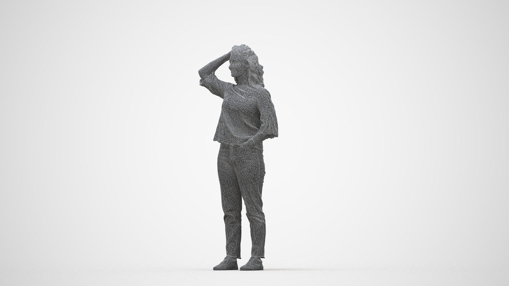 photogrammetry 3D woman casual standing, realistic human model archviz FBX, wireframe back view