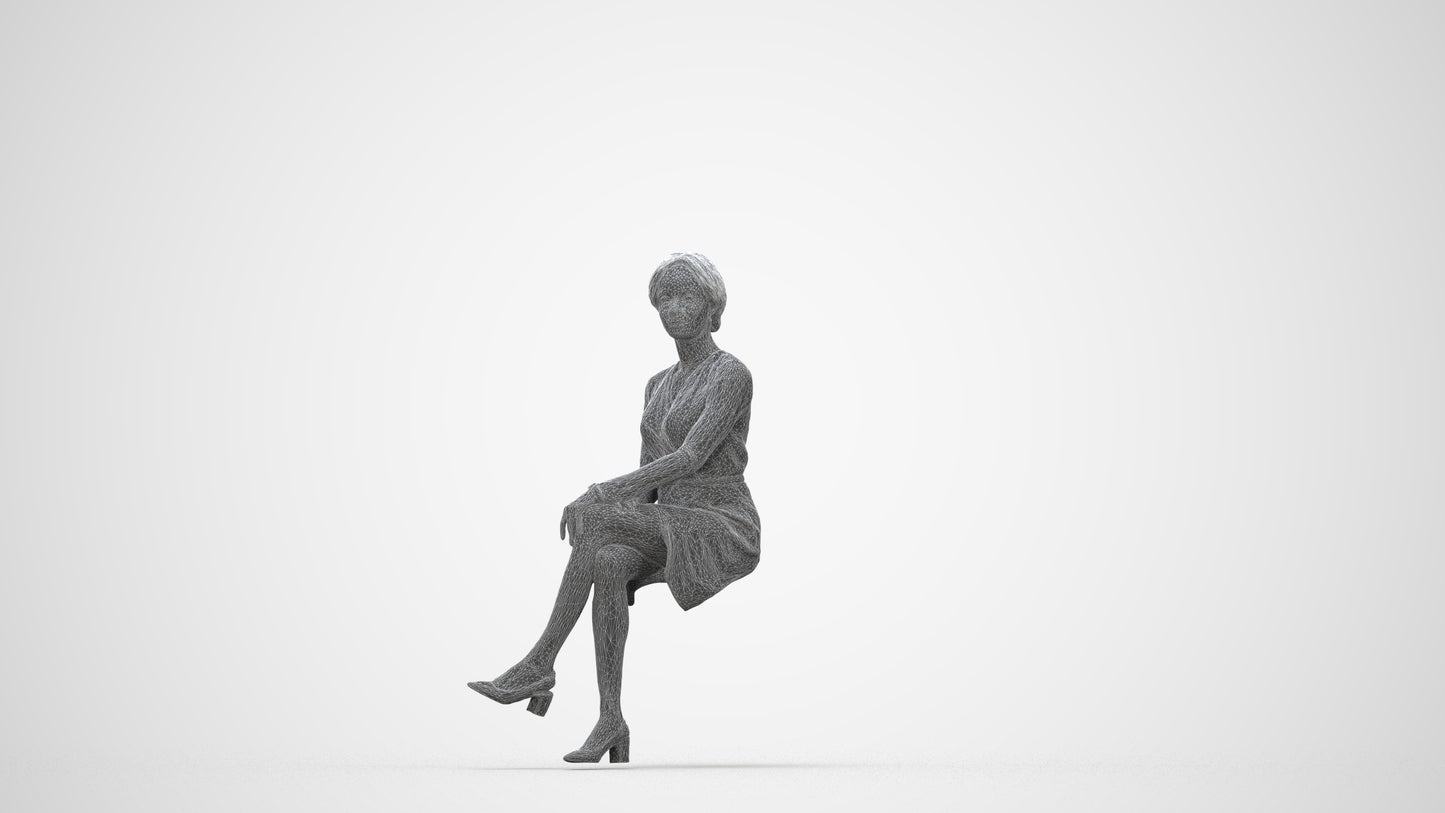 3D people model woman casual sitting, scanned human for 3ds Max rendering, wireframe back view