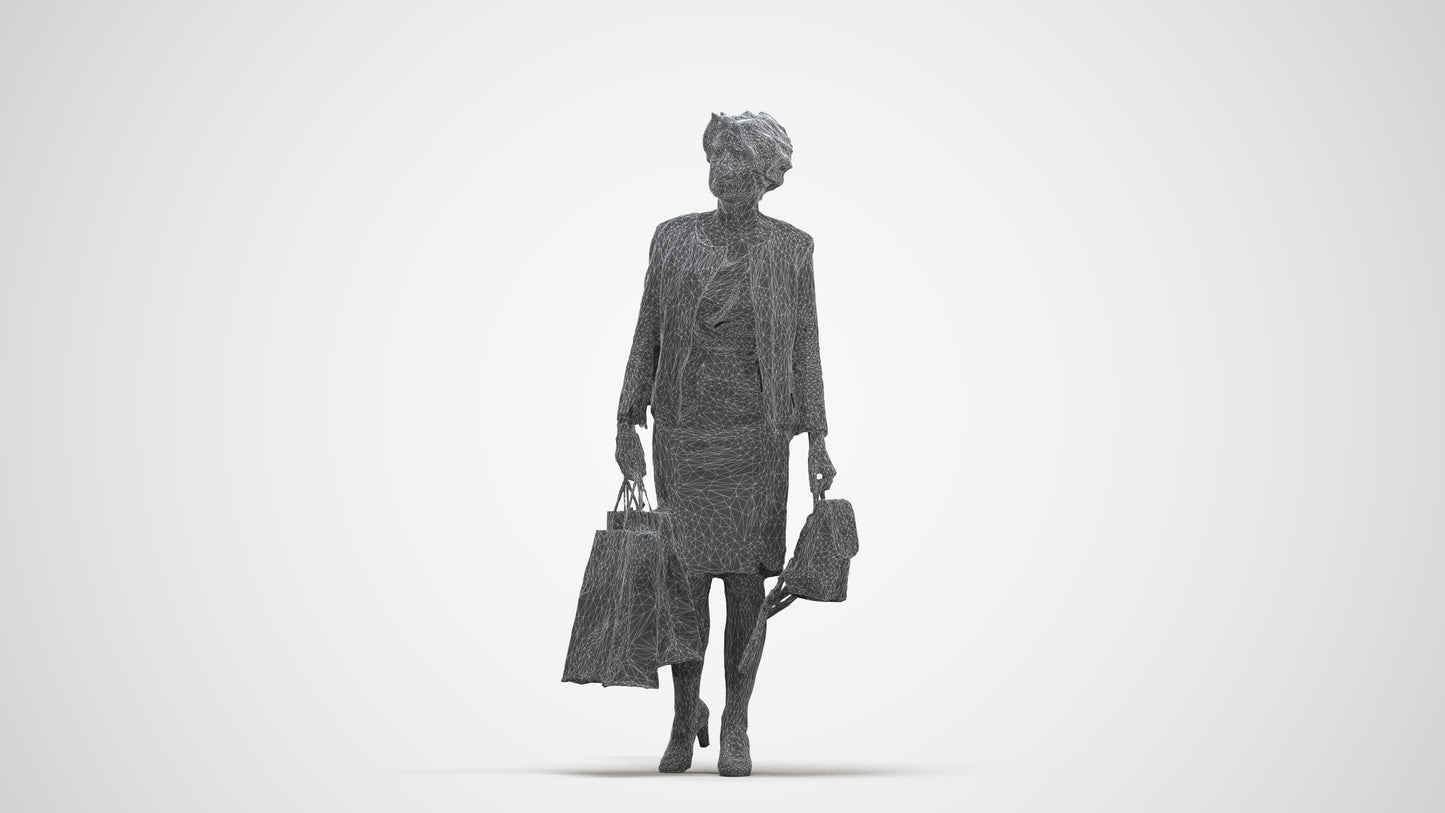 realistic 3D human woman business shopping, archviz people FBX OBJ for Blender, three-quarter front view render