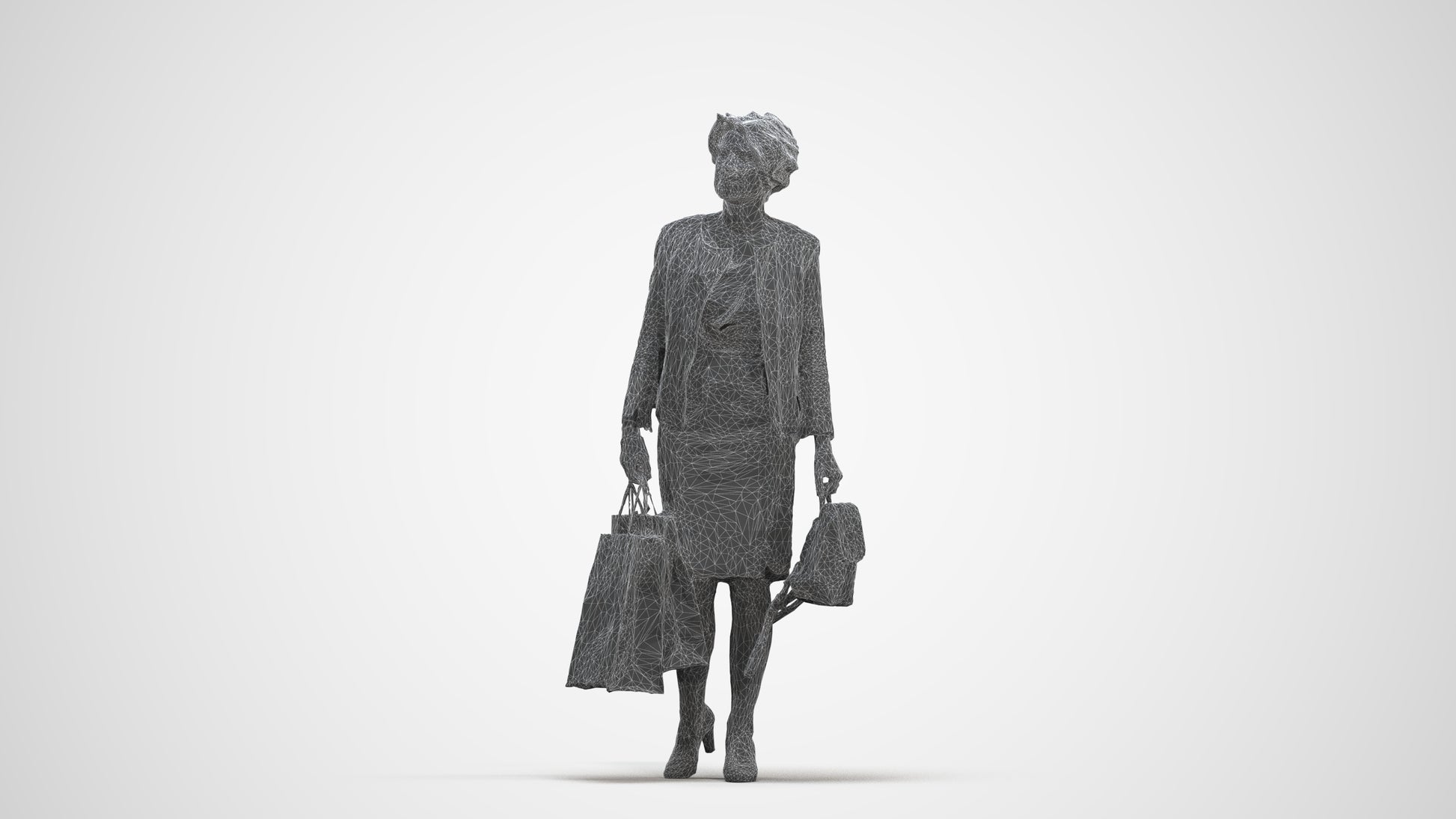 realistic 3D human woman business shopping, archviz people FBX OBJ for Blender, three-quarter front view render