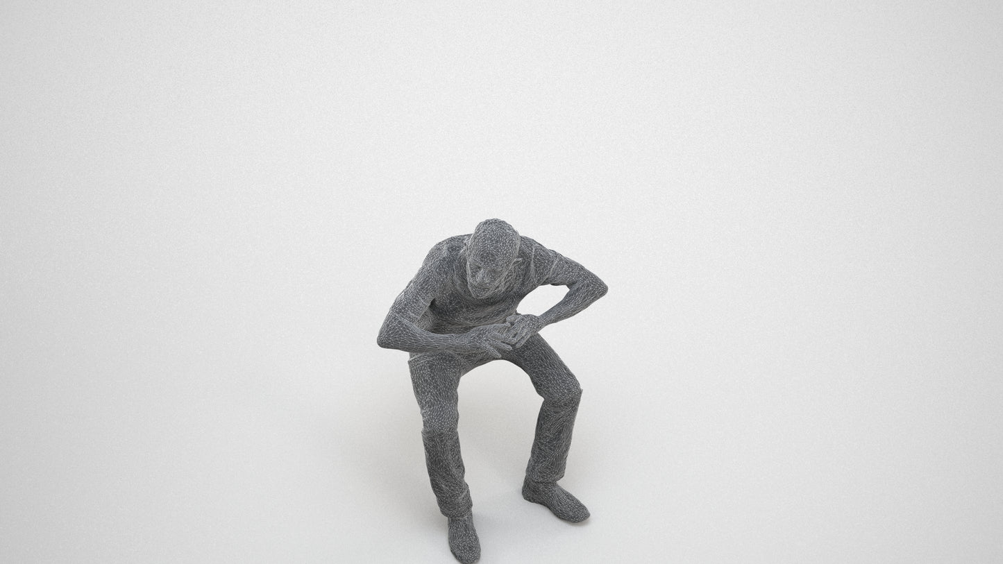 3D people model senior man casual sitting, scanned human for 3ds Max rendering, wireframe three-quarter view