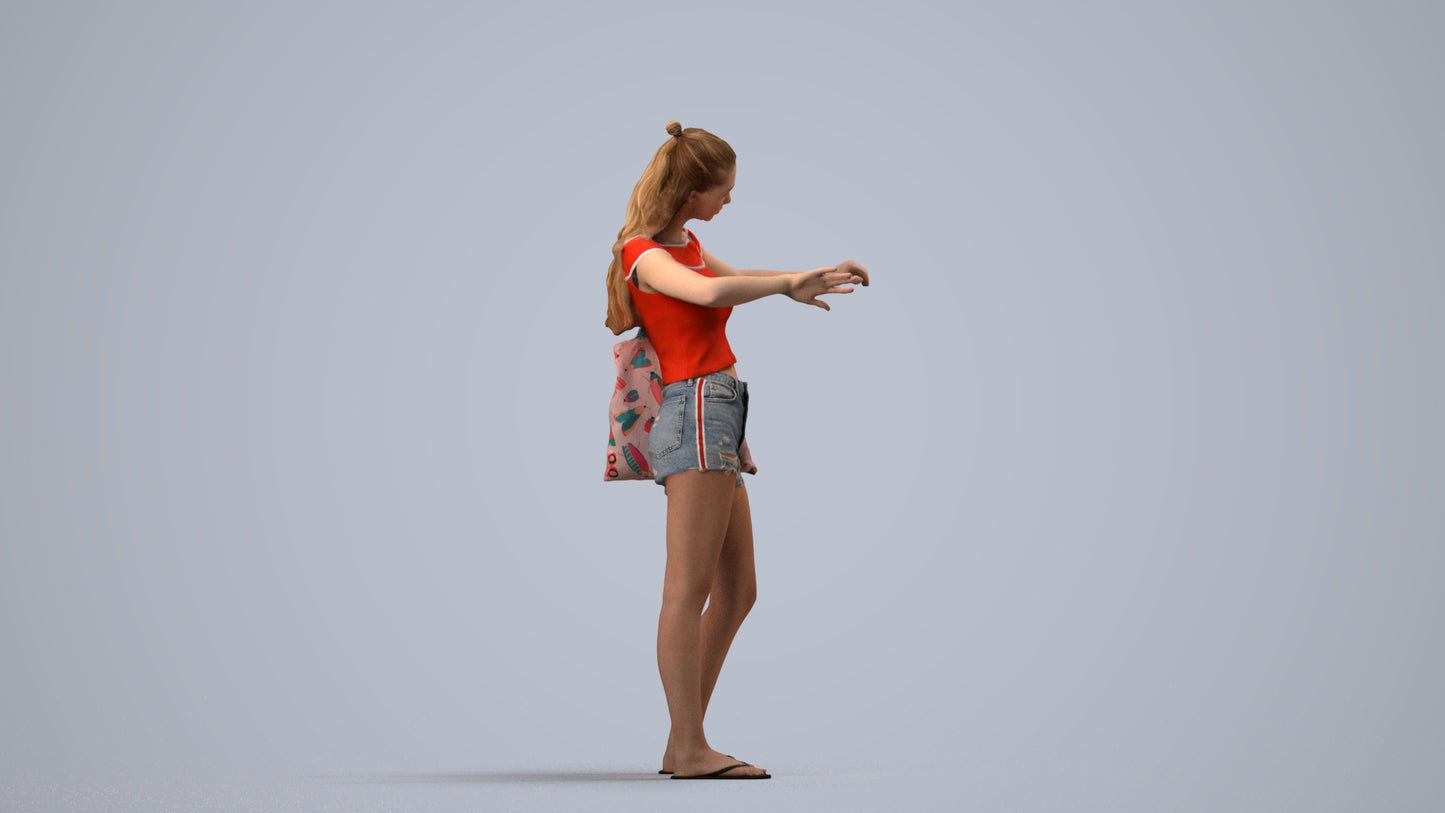 3D people model girl casual shopping, scanned human for 3ds Max rendering, side view render