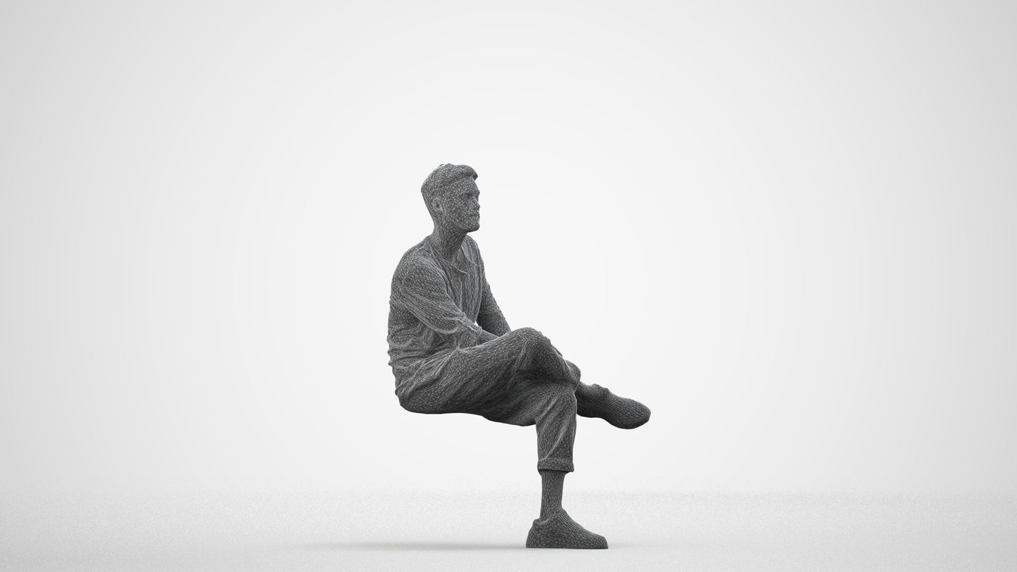 3D people model man casual sitting, scanned human for 3ds Max rendering, wireframe side view