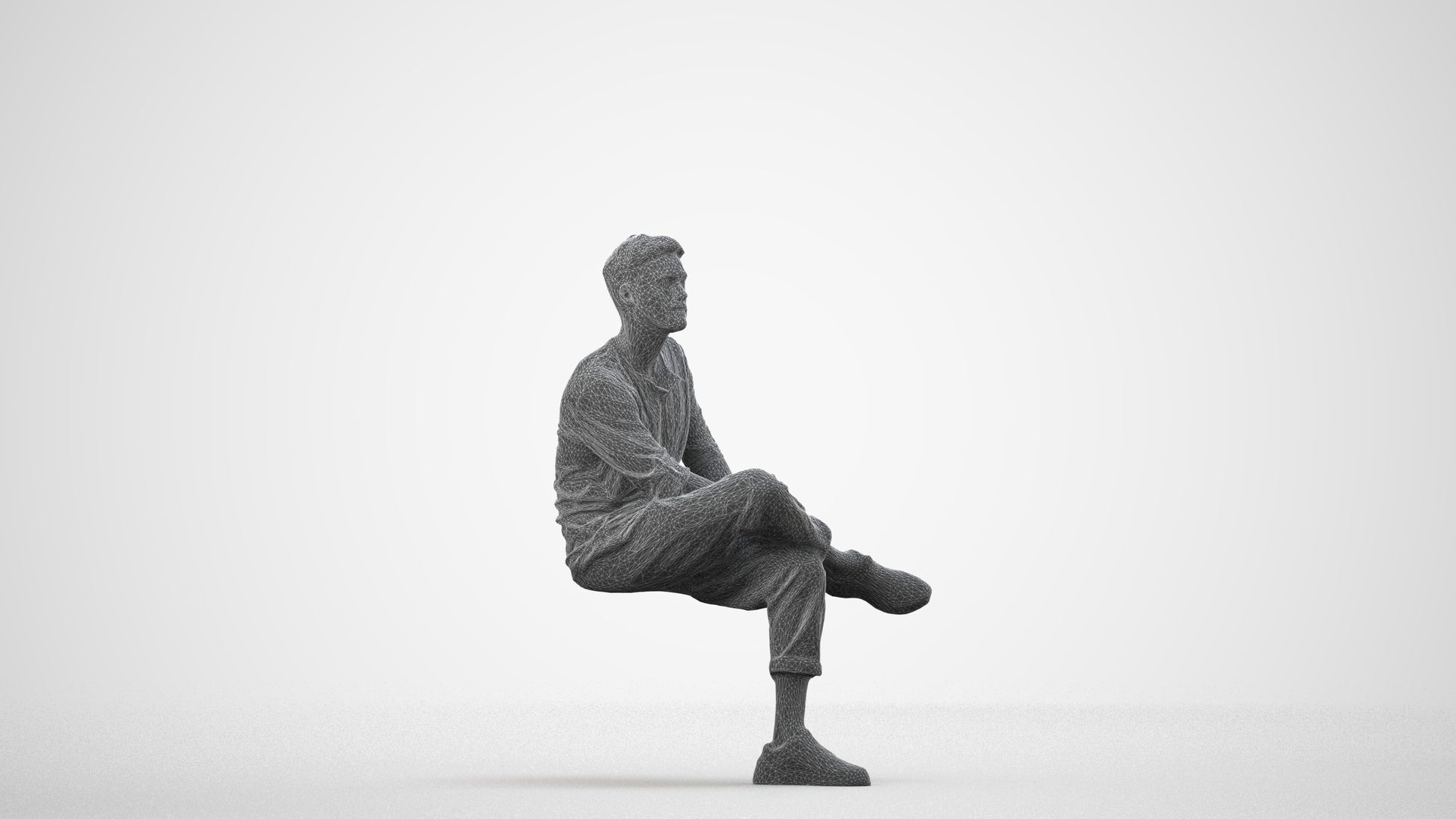 3D people model man casual sitting, scanned human for 3ds Max rendering, wireframe side view