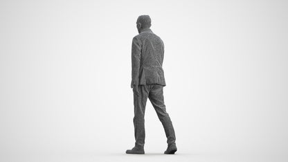 3D scanned senior man walking business, photorealistic archviz people for Enscape and SketchUp, wireframe front view