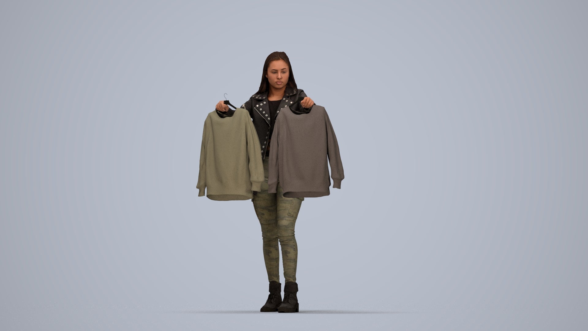 realistic 3D woman casual shopping, scanned archviz people for Blender and 3ds Max, top-down view render