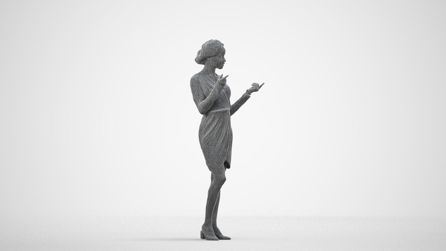 3D human model woman casual standing, photogrammetry scanned person for archviz, wireframe side view