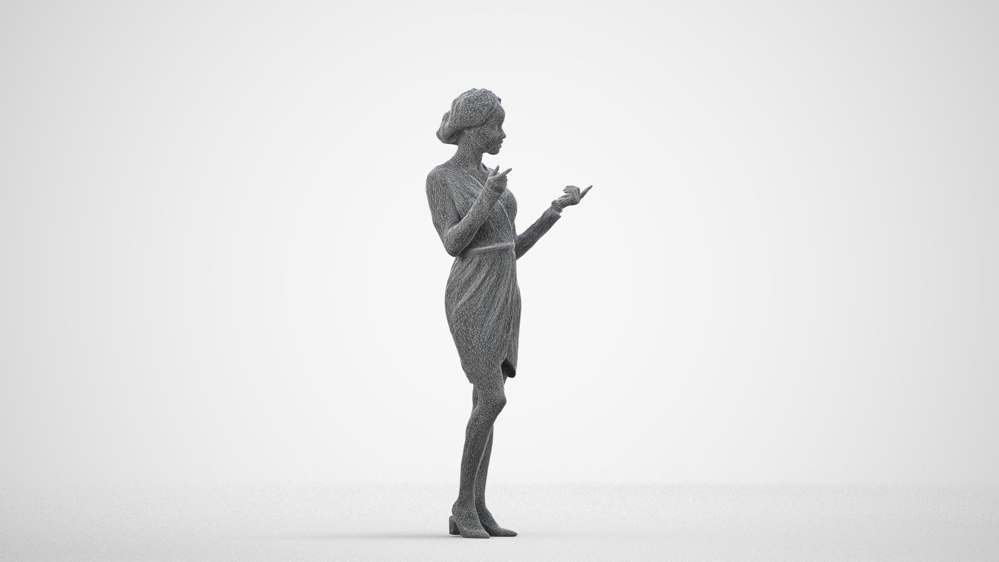 3D human model woman casual standing, photogrammetry scanned person for archviz, wireframe side view