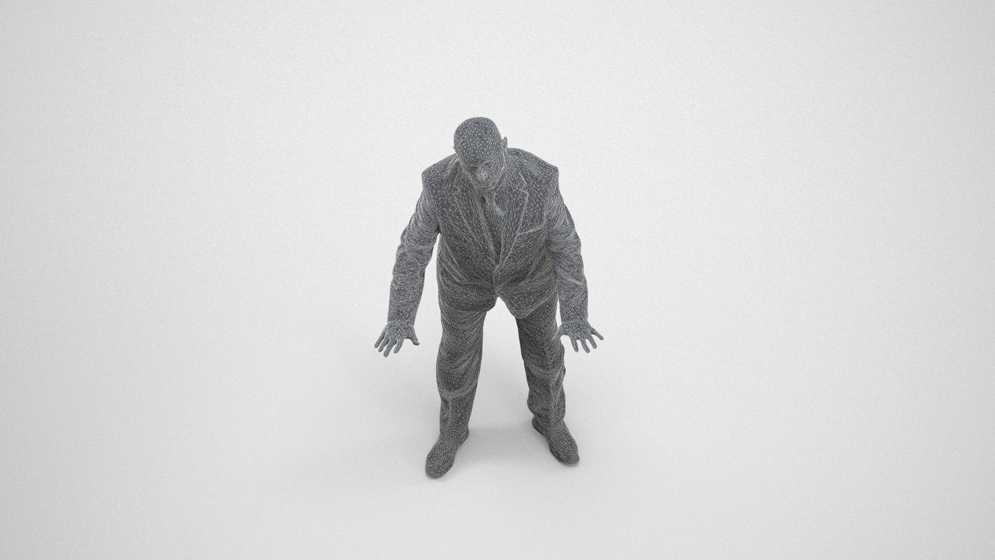 scanned 3D senior man business, photogrammetry people for Enscape and V-Ray, wireframe three-quarter view