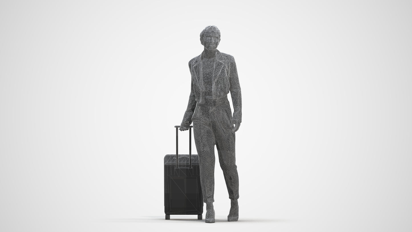 3D human model woman business, photogrammetry scanned person for archviz, three-quarter front view render