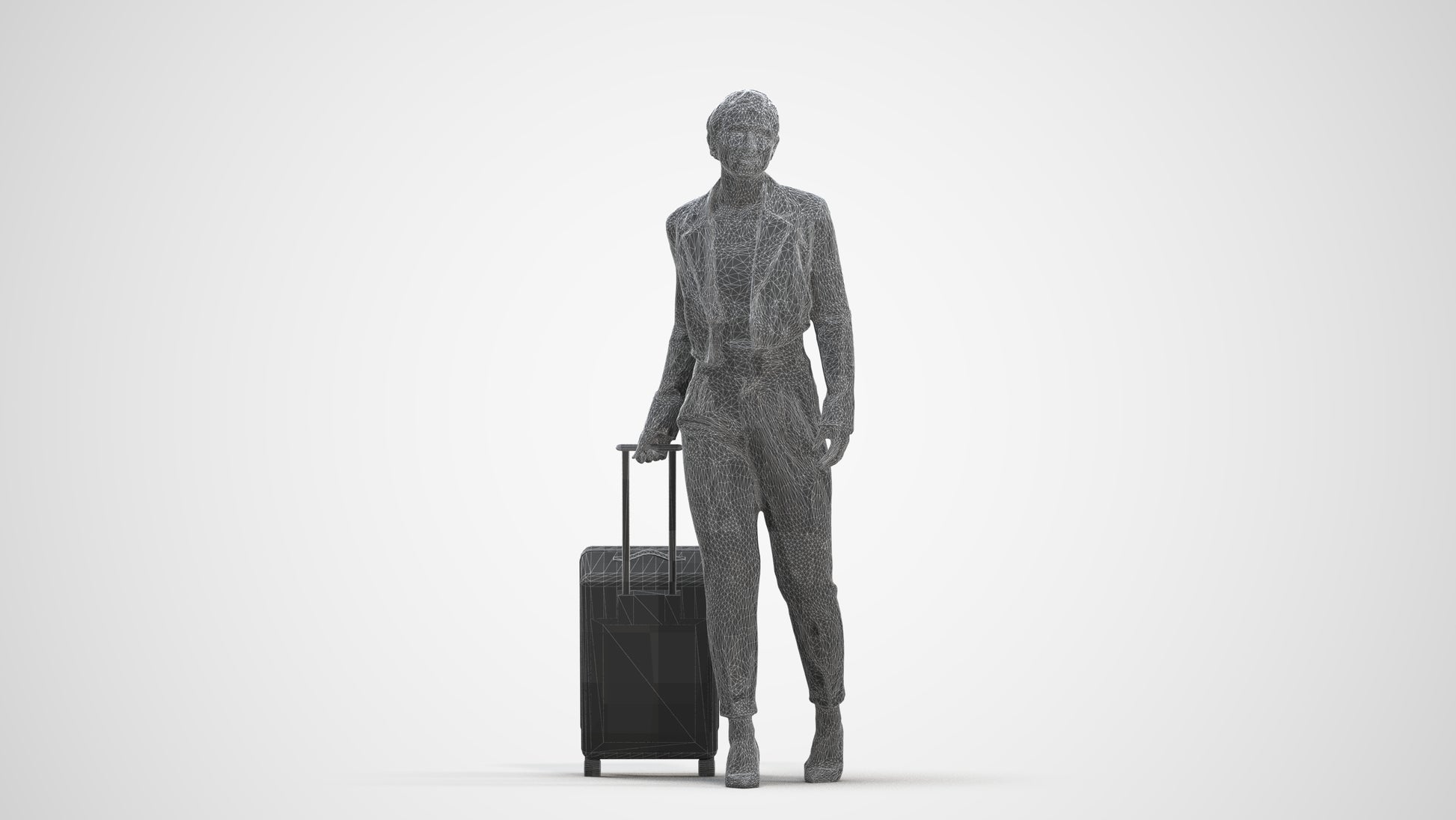 3D human model woman business, photogrammetry scanned person for archviz, three-quarter front view render