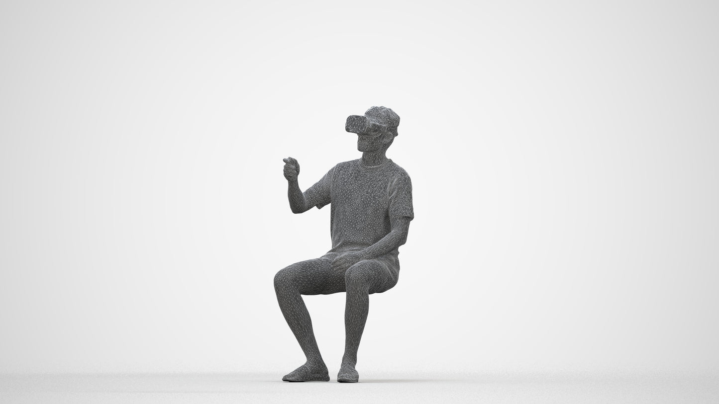 3D human model man casual sitting, photogrammetry scanned person for archviz, wireframe back view