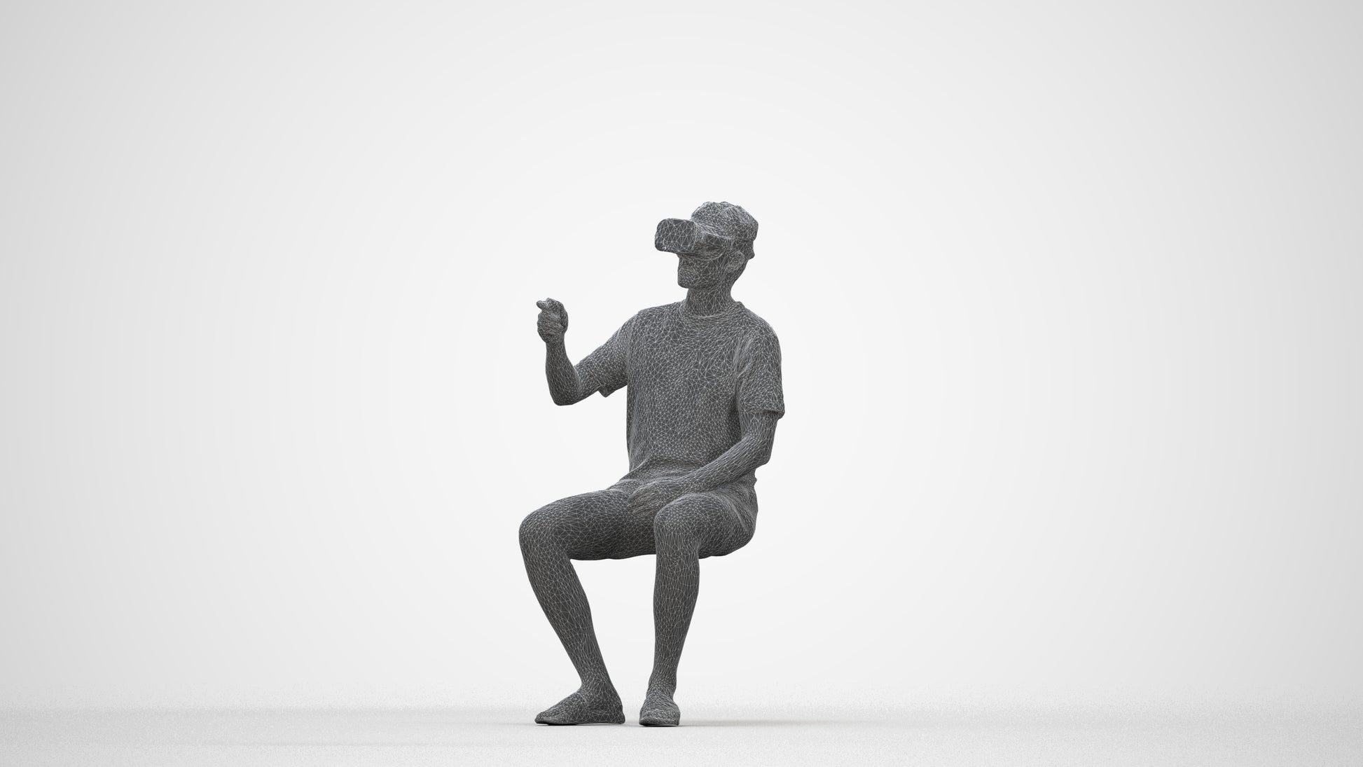 3D human model man casual sitting, photogrammetry scanned person for archviz, wireframe back view