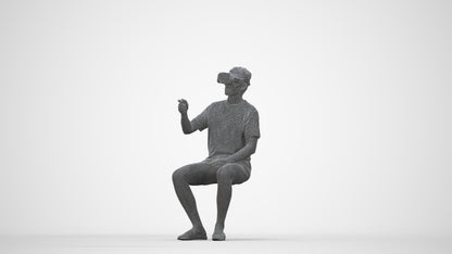 3D human model man casual sitting, photogrammetry scanned person for archviz, wireframe back view