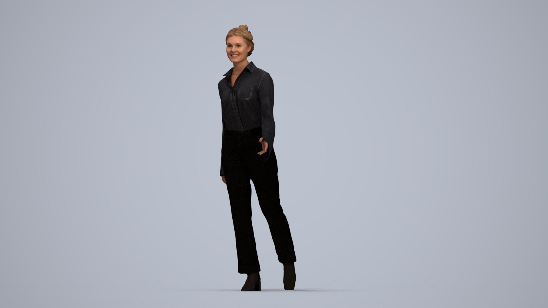 3D human model woman business walking, photogrammetry scanned person for archviz, top-down view render