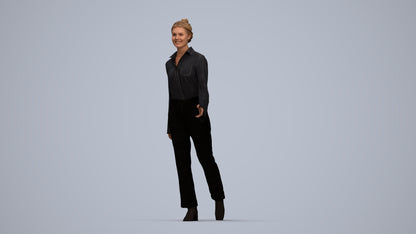 3D human model woman business walking, photogrammetry scanned person for archviz, top-down view render