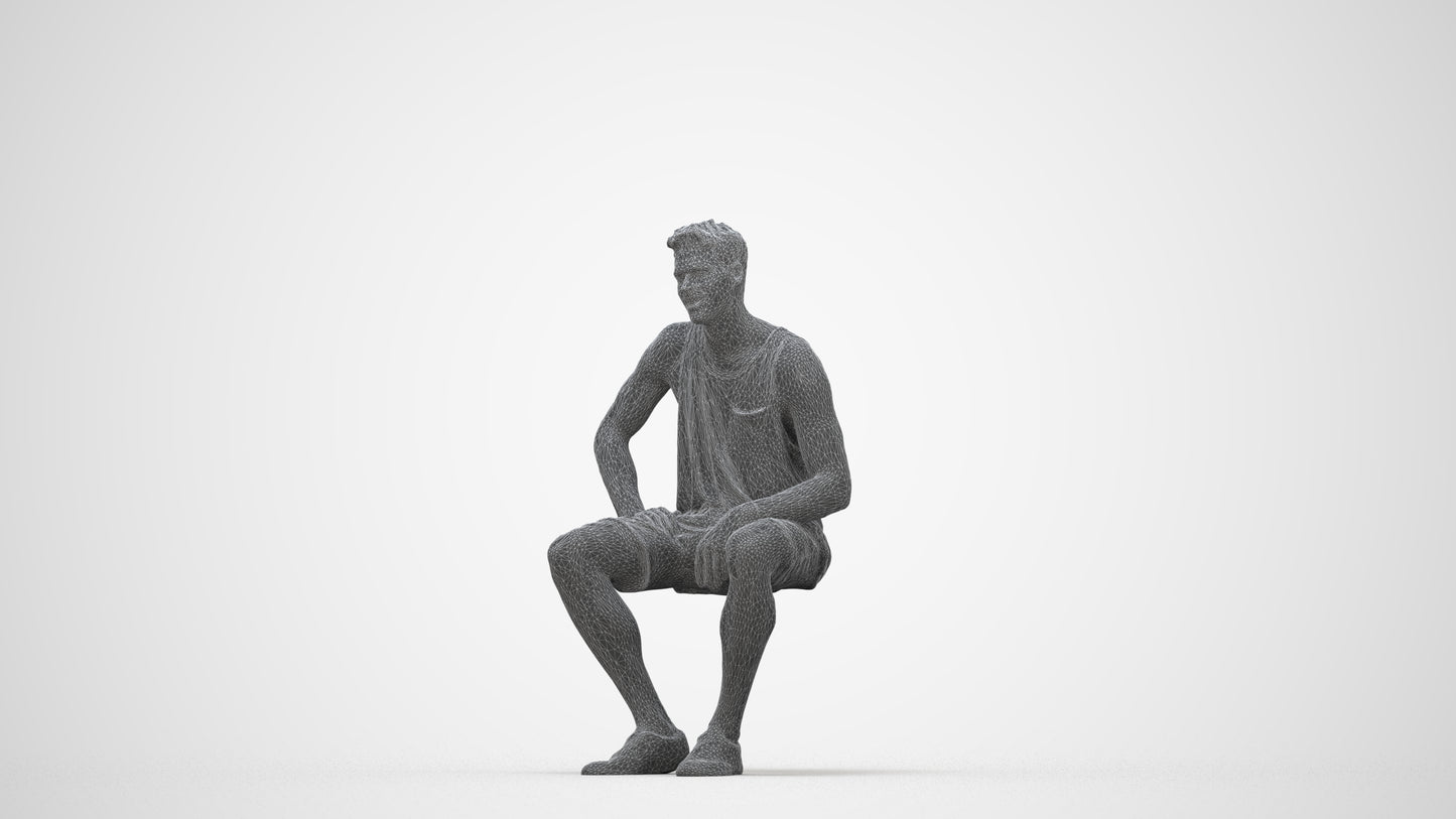 photogrammetry 3D man casual sitting, realistic human model archviz FBX, wireframe back view