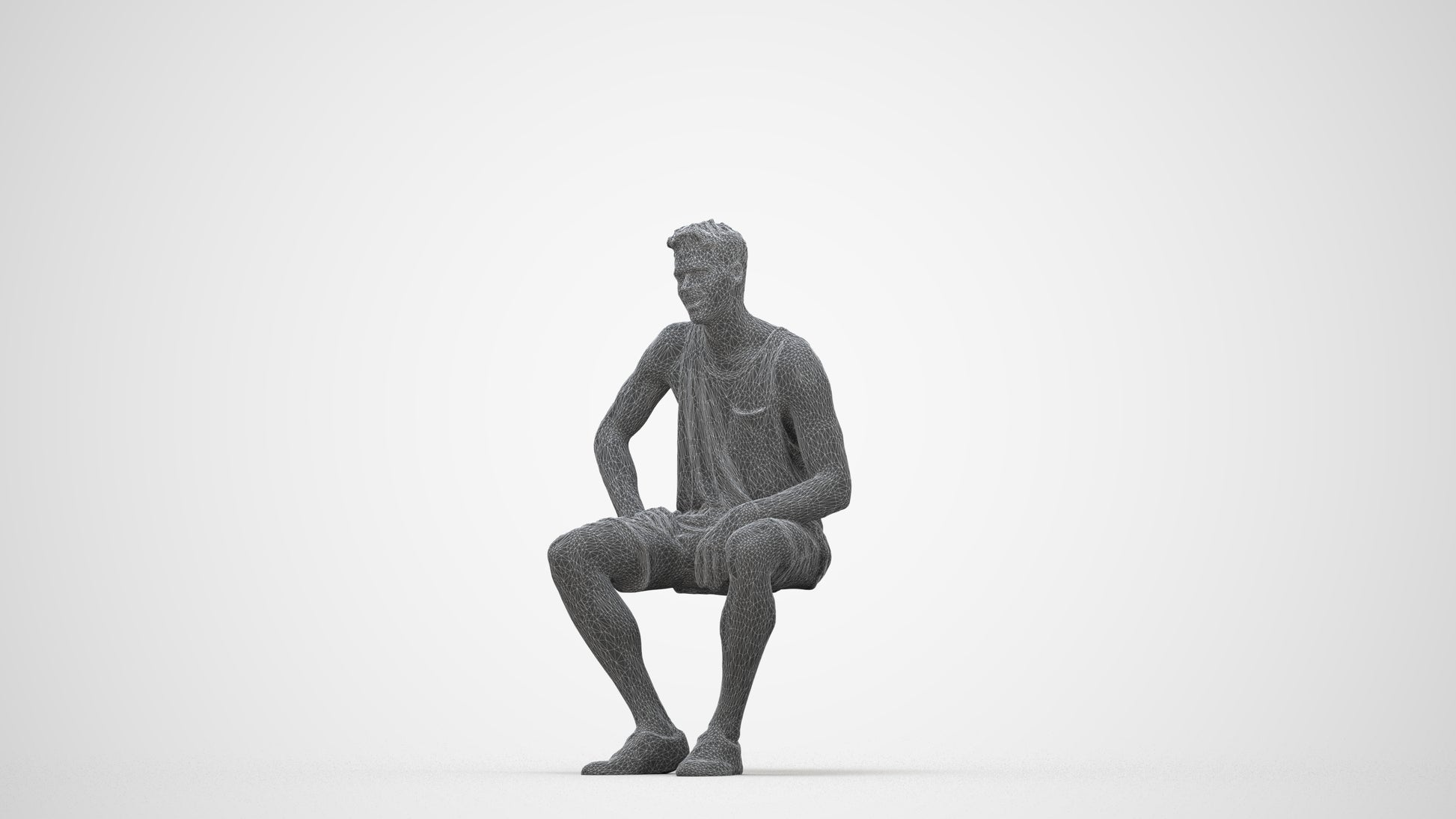 photogrammetry 3D man casual sitting, realistic human model archviz FBX, wireframe back view