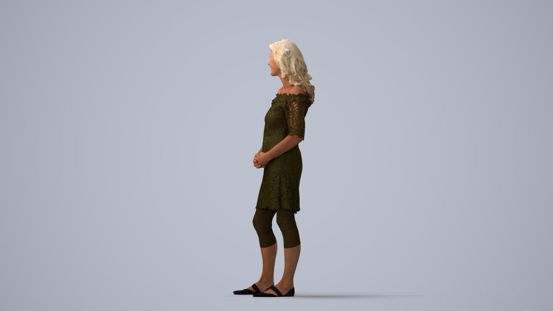 photogrammetry 3D senior woman casual standing, realistic human model archviz FBX, three-quarter view render