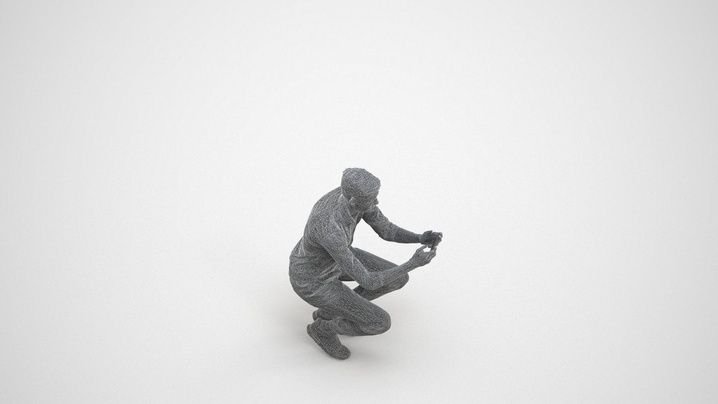 realistic 3D man casual sitting, scanned archviz people for Blender and 3ds Max, wireframe three-quarter view