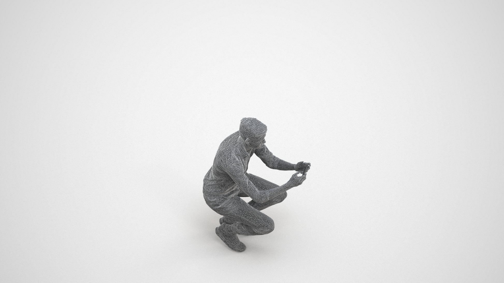realistic 3D man casual sitting, scanned archviz people for Blender and 3ds Max, wireframe three-quarter view