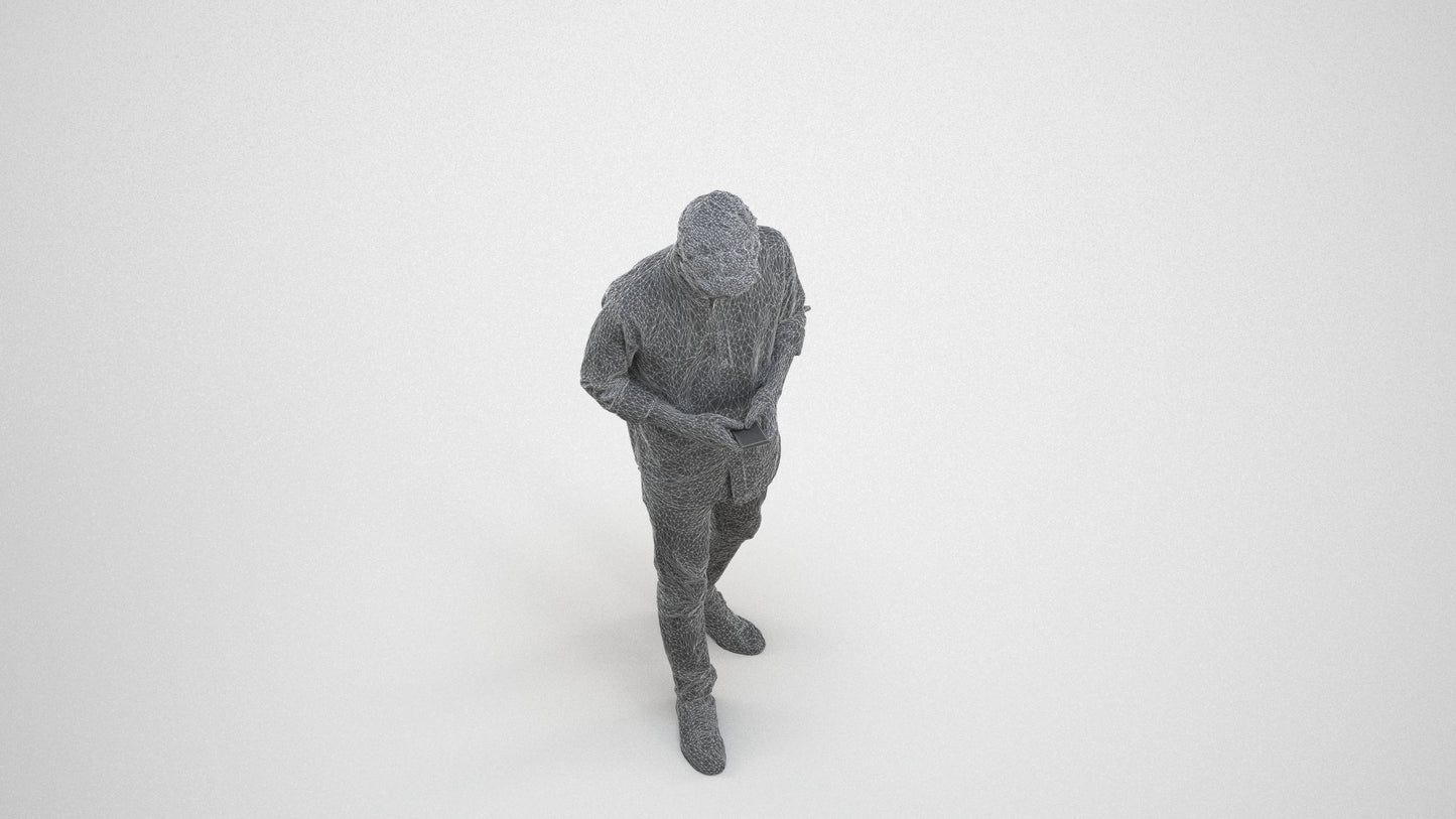 photogrammetry 3D man casual walking, realistic human model archviz FBX, wireframe three-quarter view