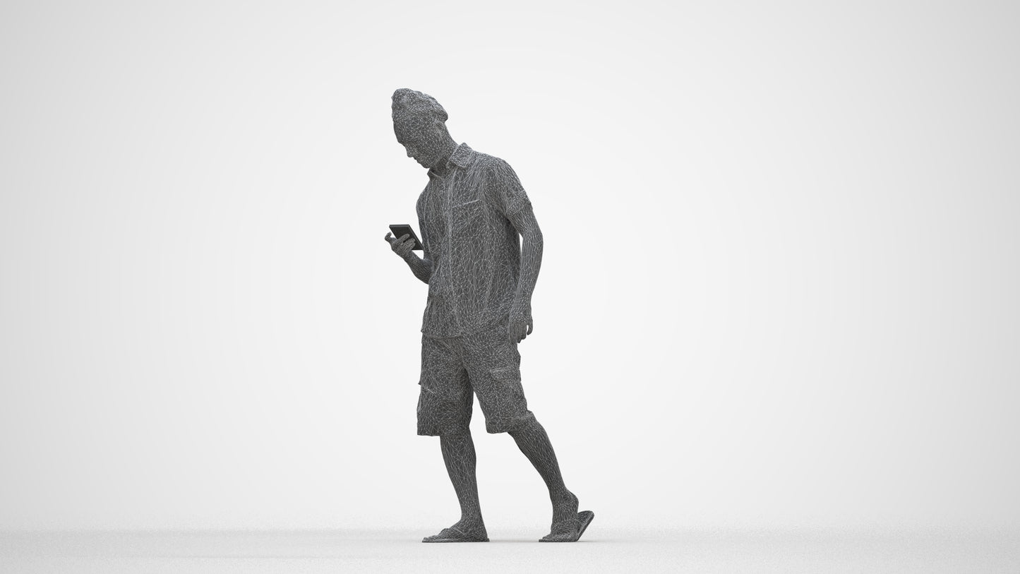 3D scanned man walking casual, photorealistic archviz people for Enscape and SketchUp, wireframe back view