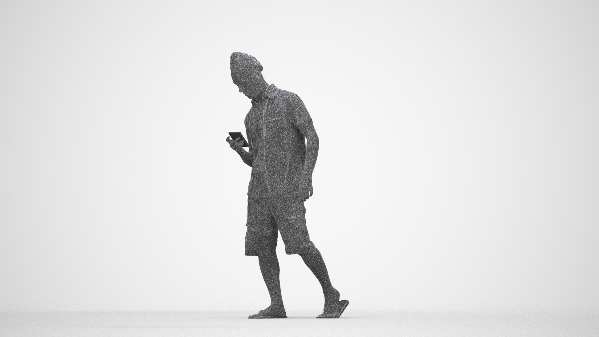 3D scanned man walking casual, photorealistic archviz people for Enscape and SketchUp, wireframe back view