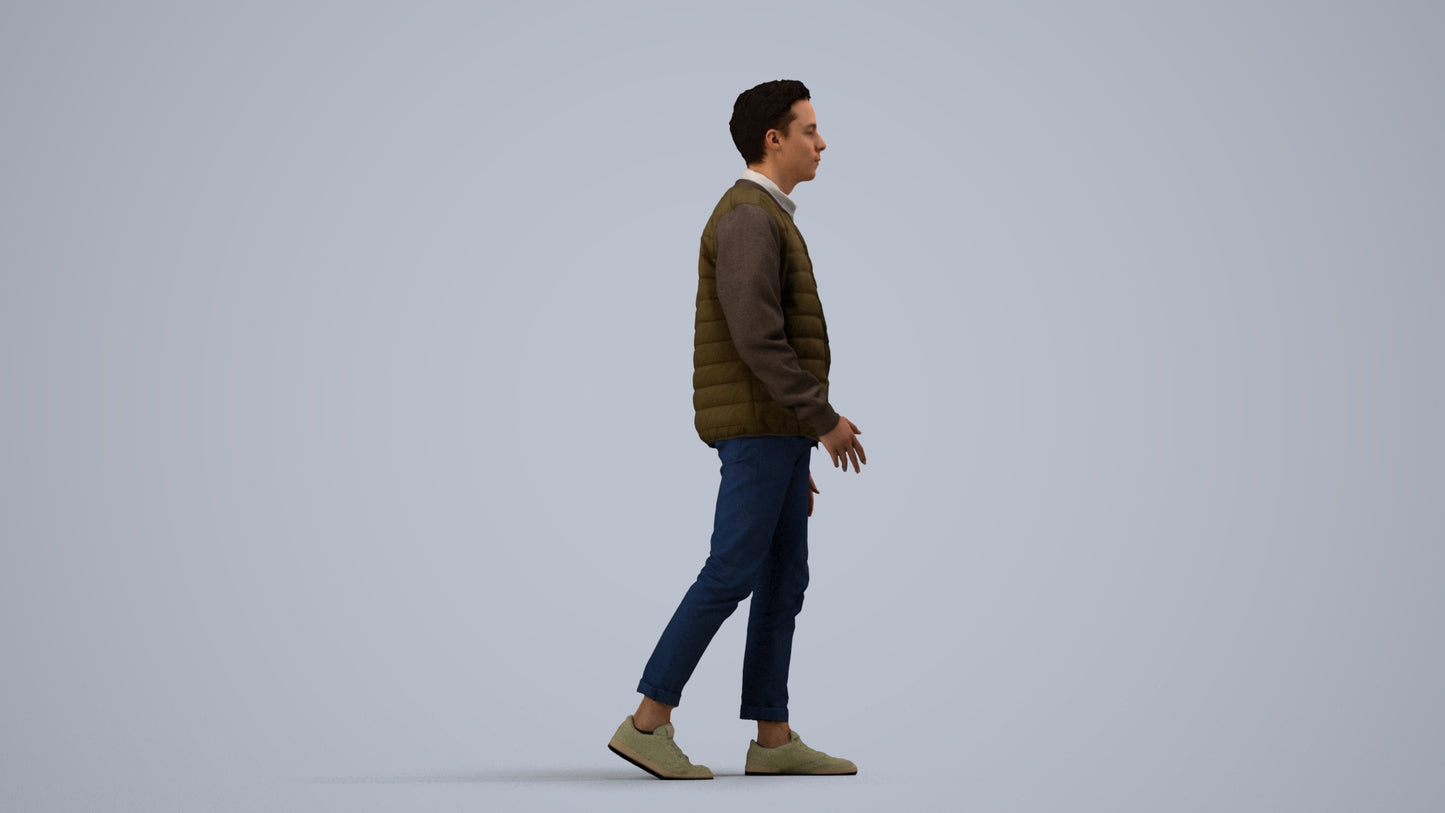 photogrammetry 3D man casual walking, realistic human model archviz FBX, side view render