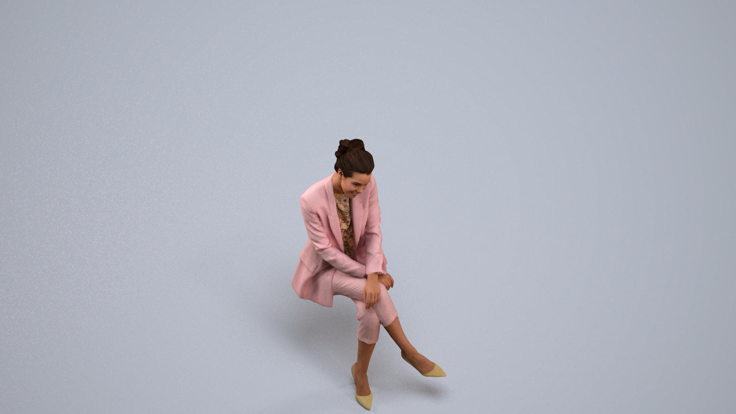 3D human model woman business sitting, photogrammetry scanned person for archviz, back view render