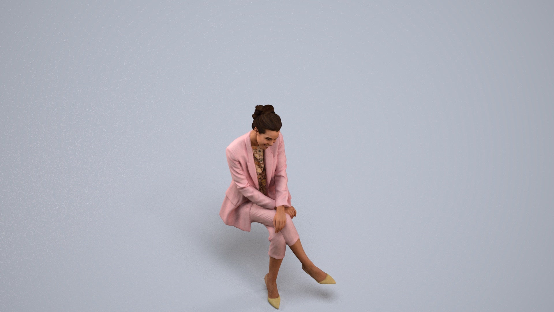 3D human model woman business sitting, photogrammetry scanned person for archviz, back view render