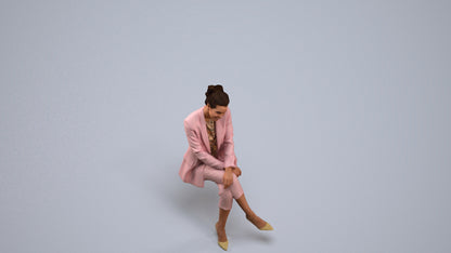 3D human model woman business sitting, photogrammetry scanned person for archviz, back view render