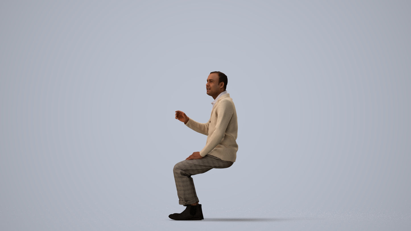3D scanned man sitting business, photorealistic archviz people for Enscape and SketchUp, three-quarter view render