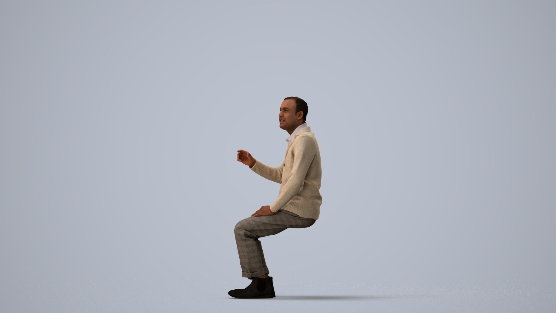 3D scanned man sitting business, photorealistic archviz people for Enscape and SketchUp, three-quarter view render