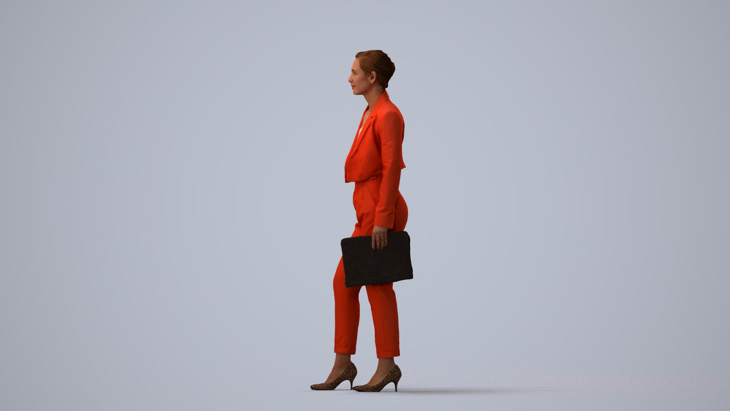 3D human model woman business, photogrammetry scanned person for archviz, three-quarter view render