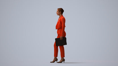 3D human model woman business, photogrammetry scanned person for archviz, three-quarter view render