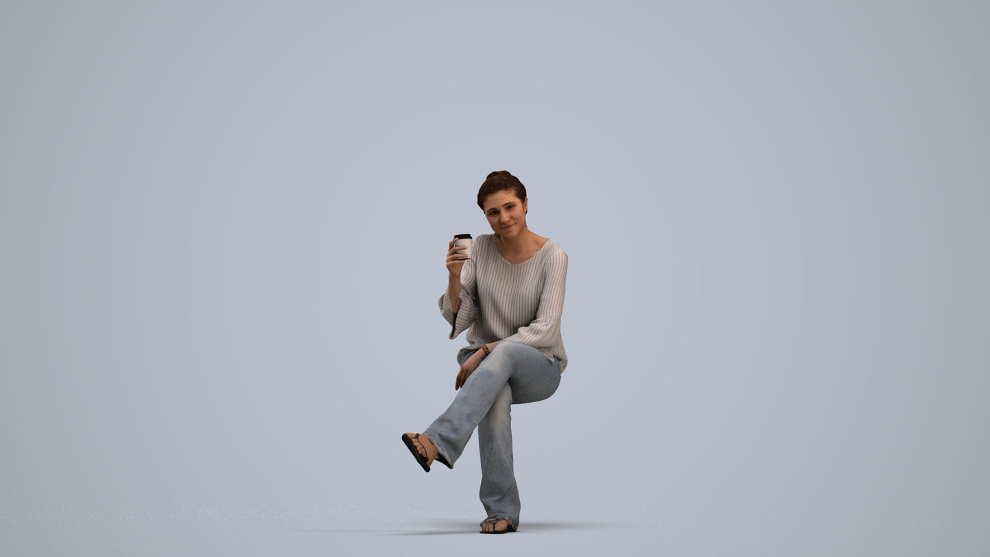 realistic 3D woman casual sitting, scanned archviz people for Blender and 3ds Max, standing pose render