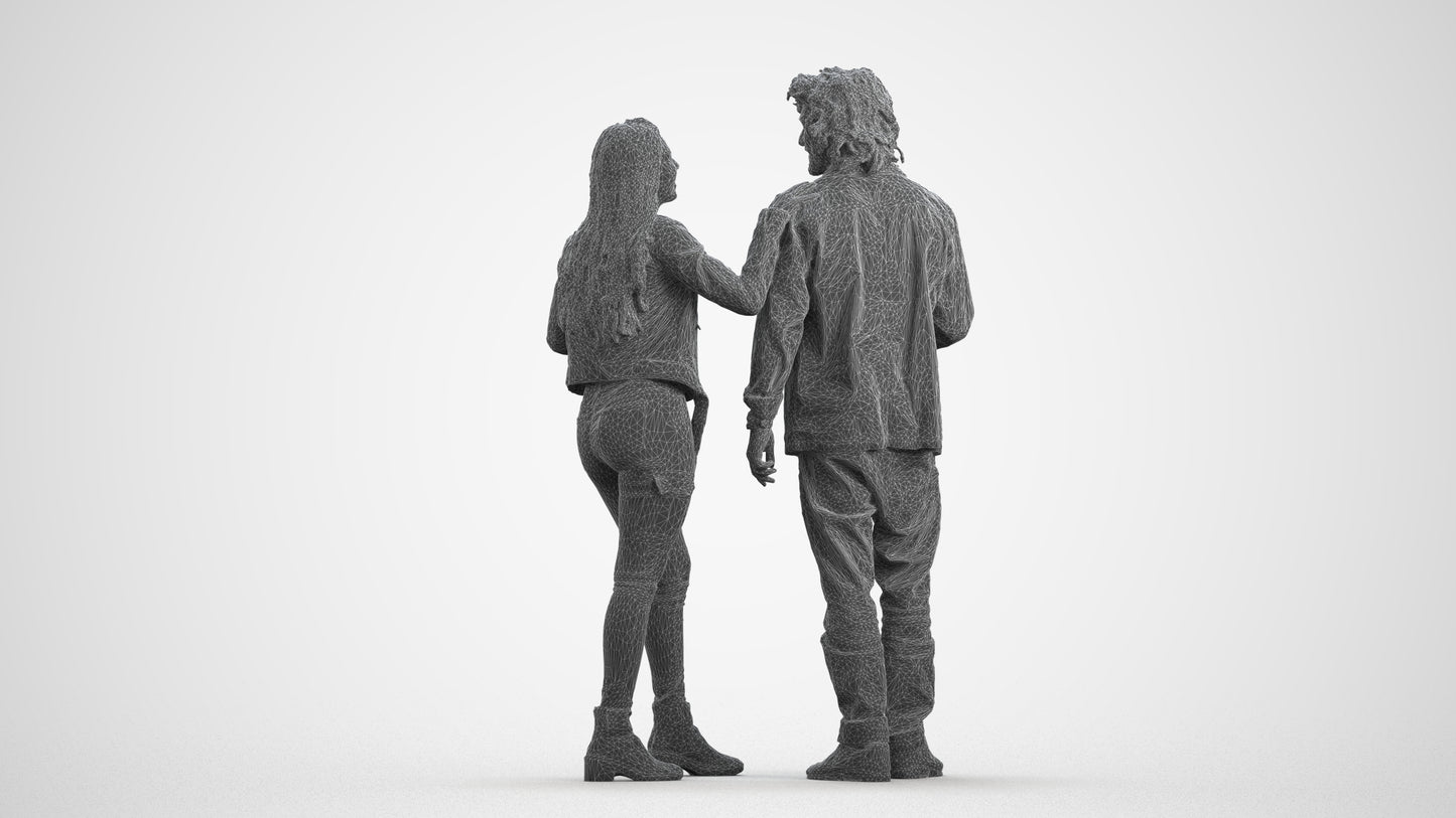 realistic 3D people woman casual couple, render-ready for V-Ray and Corona, FBX OBJ, wireframe front view