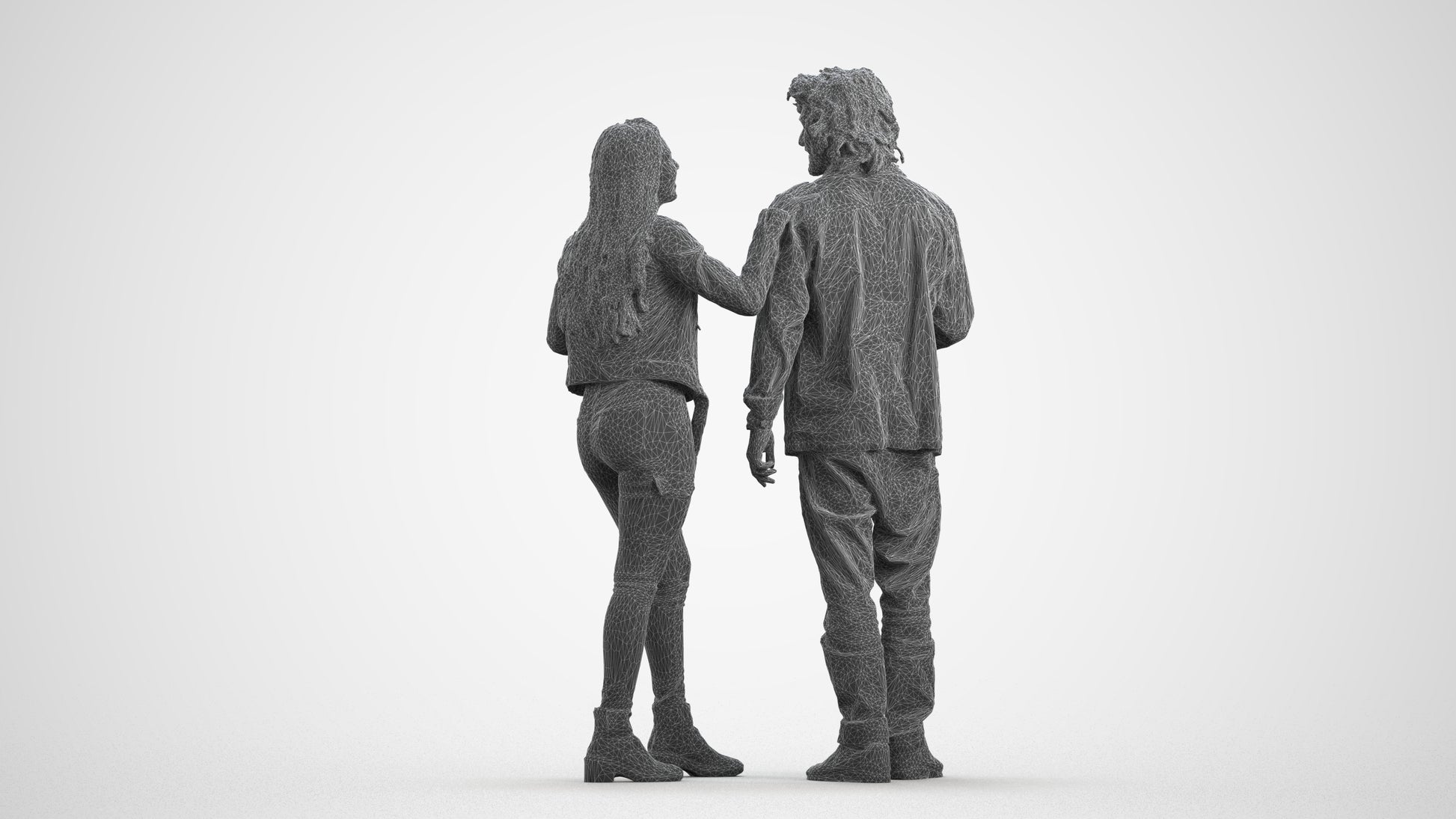 realistic 3D people woman casual couple, render-ready for V-Ray and Corona, FBX OBJ, wireframe front view