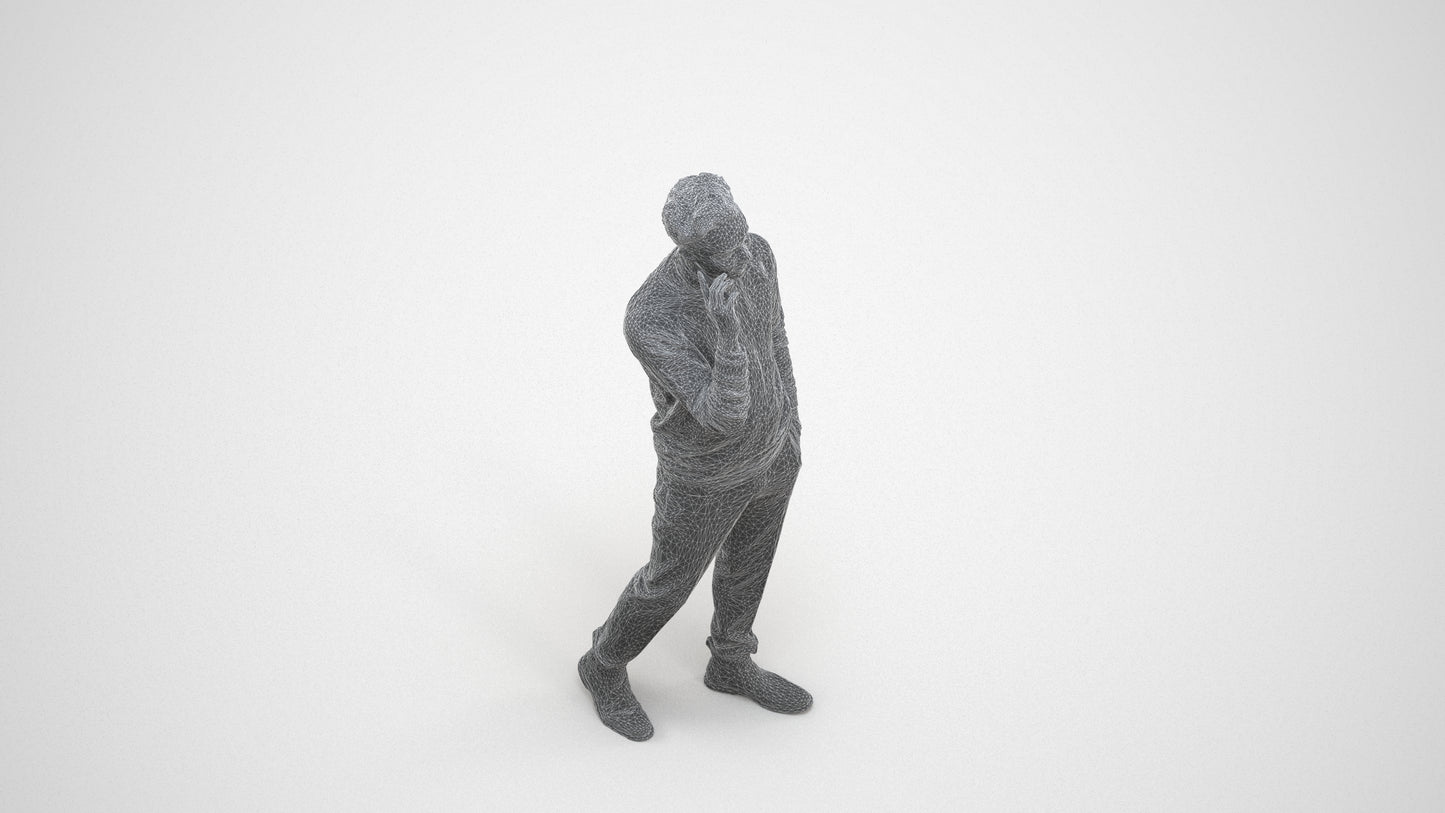 3D human model man casual walking, photogrammetry scanned person for archviz, wireframe three-quarter view
