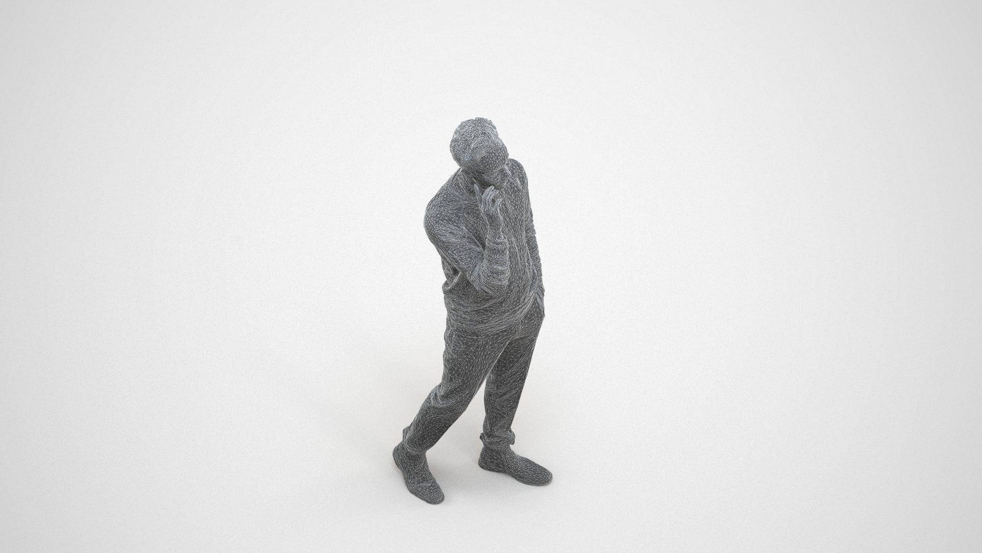 3D human model man casual walking, photogrammetry scanned person for archviz, wireframe three-quarter view