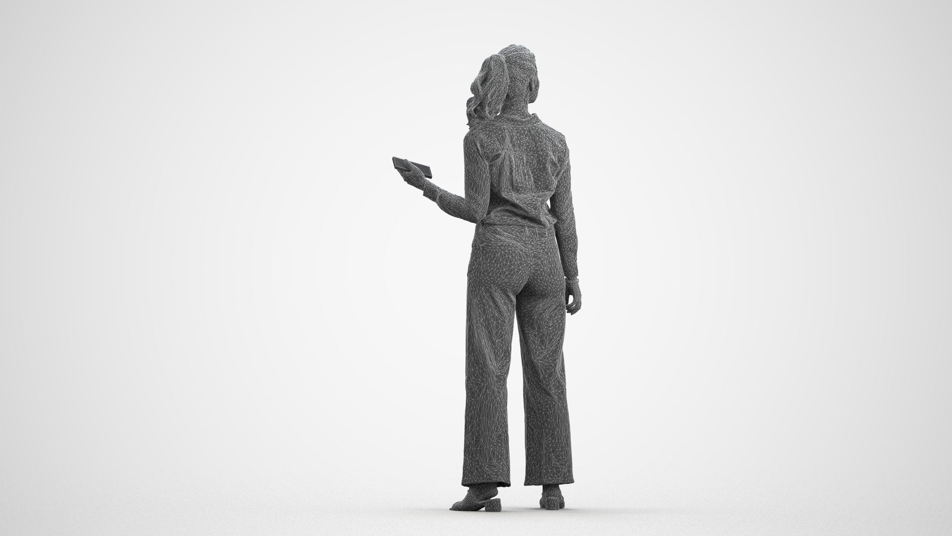 3D scanned woman standing casual, photorealistic archviz people for Enscape and SketchUp, wireframe front view